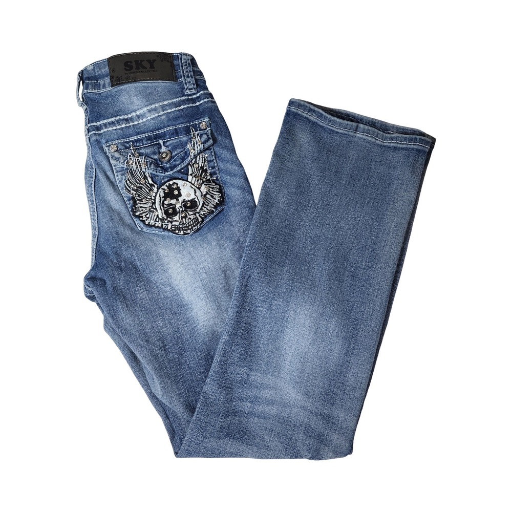 SKY Premium Collection Womens Bootcut Jeans Skull Wing Rhinestone Blue Size 5/6